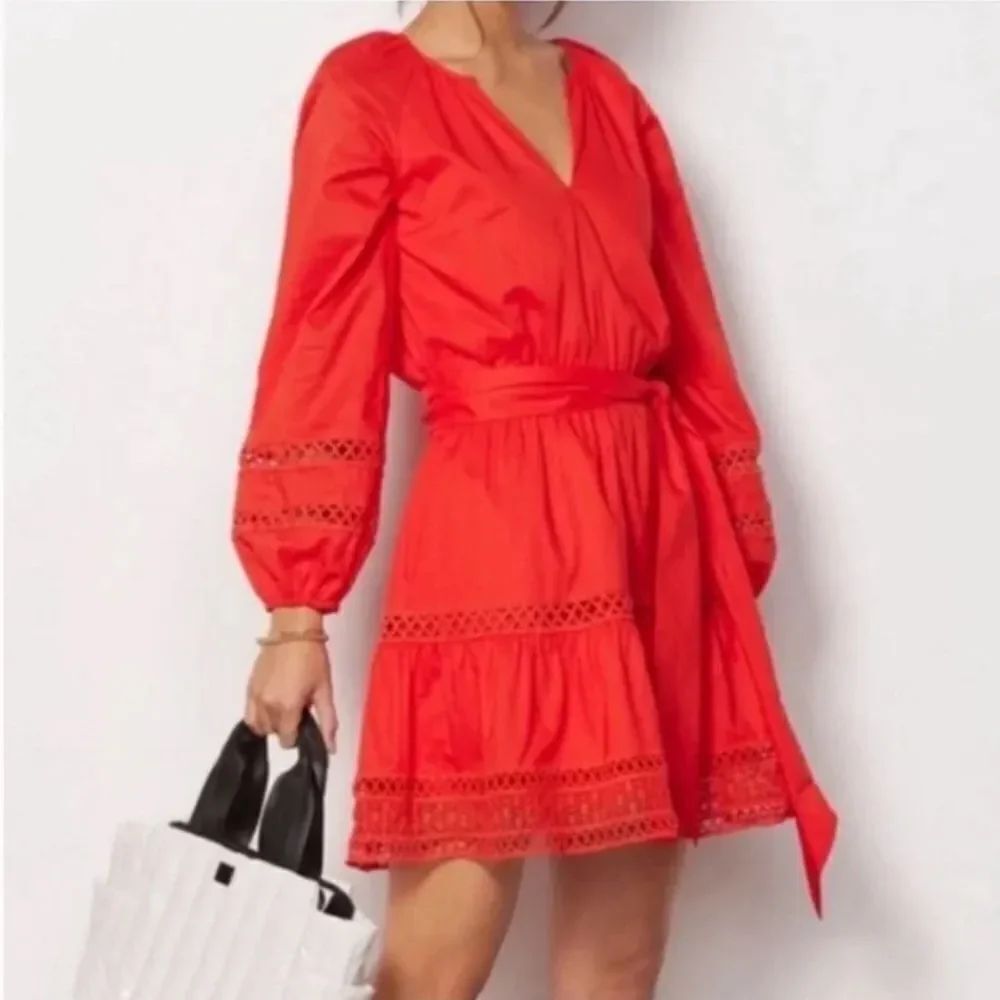 Evereve Juliana 100% cotton long sleeve minidress in cayenne red pockets Small